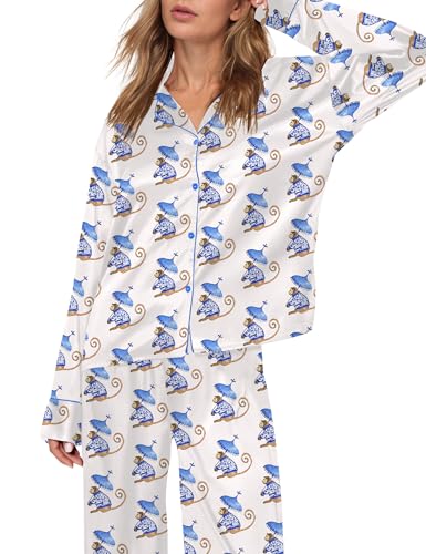 Image of SHESHOW Satin Pajamas Set for Women Set Long Sleeve Button Down Pjs Sets 2 Piece Loungewear Animal Sleepwear XS-XXL