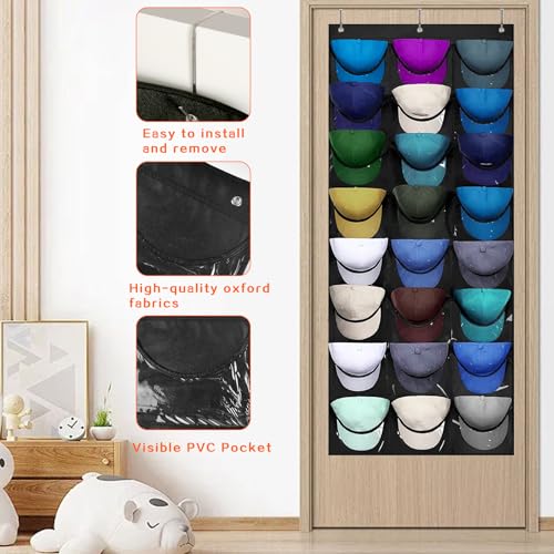 qimeyu Baseball Kappen Halterung,Kappenhalter Tür,Cap Organizer Tür,Cap Aufbewahrung,Doppelte Faltbar Kappenhalter Organizer mit 24 Taschen-Schwarz