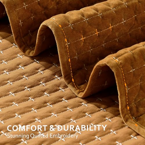 Image of Grassix Velvet Quilt Set King Size, Luxury Cross Stitch, Gold Caramel | Lightweight Velvet Comforter with 2 Pillow Shams, Soft Bedspread Coverlet, Quilted Bedding Set for All Seasons, 108 inchx96 inch