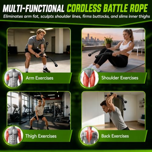Image of Weighted Ropeless Battle Ropes 2 Pack - 2026 Edition | Cordless Portable No Anchor Battle Rope for Home Gym & Apartment | HIIT Strength & Cardio | Non-Slip Handle | Gloves & Exercise Poster