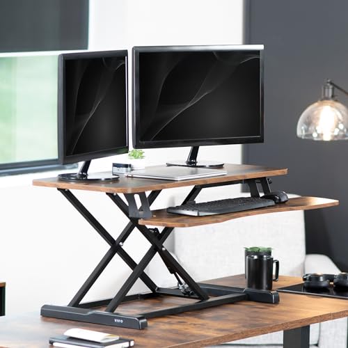 Image of VIVO 36 inch Desk Converter, K Series, Height Adjustable Sit to Stand Riser, Dual Monitor and Laptop Workstation with Wide Keyboard Tray, Rustic Vintage Brown Top, Black Frame, DESK-V036KN