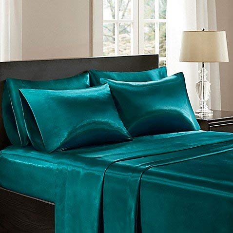 Bedify Bedding 100% Pure Silk Satin Sheet Set 4pcs, Silk Fitted Sheet 15" Deep Pocket Mattress fit,Silk Flat Sheet&Silk Pillowcases Set Soft Silk Sheets|Wrinkle Free Fade Resistant Teal, Queen