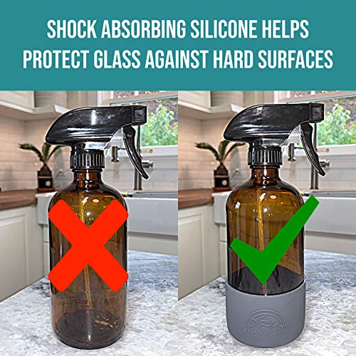 SAVVY PLANET Empty Amber Glass Spray Bottles with Silicone Sleeve Protection - Refillable 16 oz Containers for Cleaning Products, Essential Oils, Misting Plants - Quality Sprayer - 2 Pack