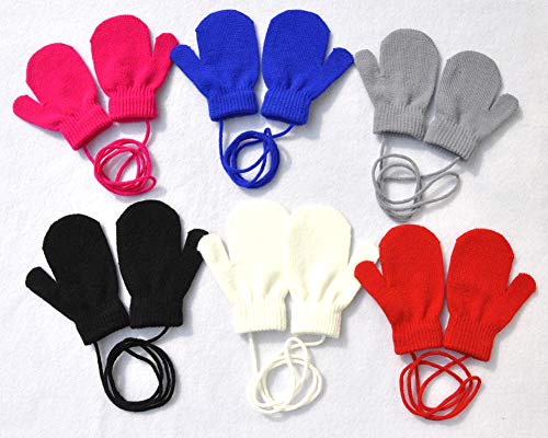 Baby Boys and Girls Solid Winter Knitted Mitten Gloves with String3
