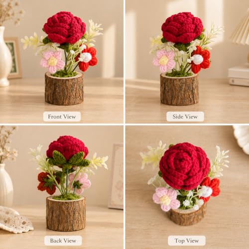 Image of Handmade Crochet Flower with Real Wood Base, 12 cm Pink Red & Green Artificial Knitted Rose Bouquet for Home Office Table Shelf Desk Decor, Bedroom Living Room Gift Decoration