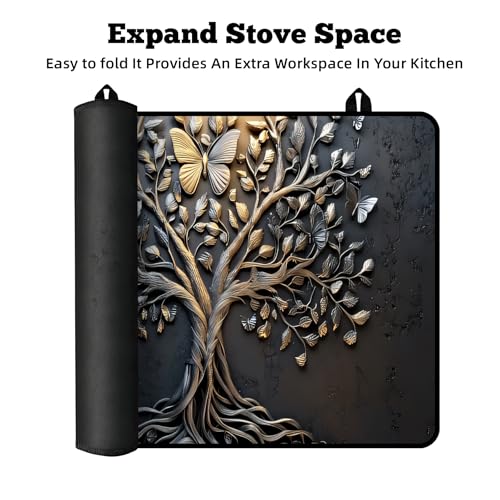 Image of Multi-Design Stove Top Cover for Glass /Electric Stoves - 3-in-1 Heat-Resistant Protector Mat, Non-Slip Drying Rack 28 inchx20 inch (Tree of Life - Black, 28 inch L x 20 inch W)