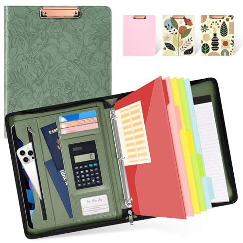 Image of Ospelelf Green Leather Portfolio Binder 3 Ring, Zippered Clipboard Folder with Storage - 5 Dividers with Pocket, Padfolio for Women,12.1 inch Tablet Sleeve, Refillable Notepad, Card Slot