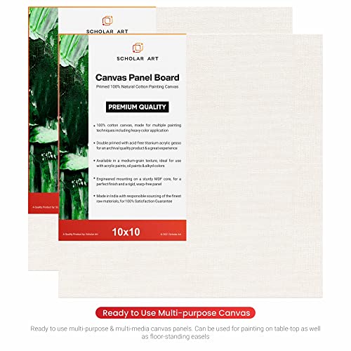 Image of Scholar Art Hobby Series 04 Oz (230 GSM) 100% Cotton Canvas Panel Board for Painting (White Blank Canvas Boards for Acrylic Paint, Oil Paint, Wet & Dry Media) | 10 inchx10 inch (25x25 cm), Pack of 12