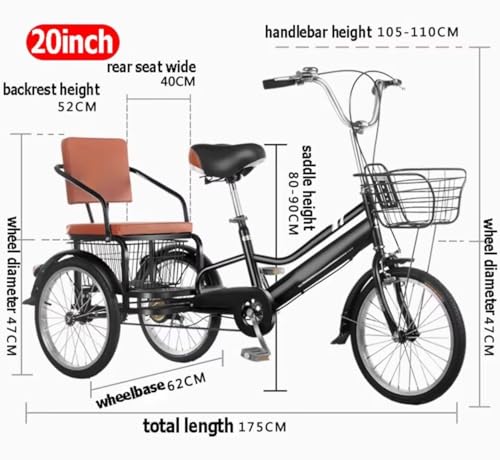 Kids Adult Large Pedal tricycles with Double Brake,Dual seat Tandem Tricycle with Rear Passenger seat,Outdoor trikes with Pneumatic tire Spoke Wheel (Black 20 in)
