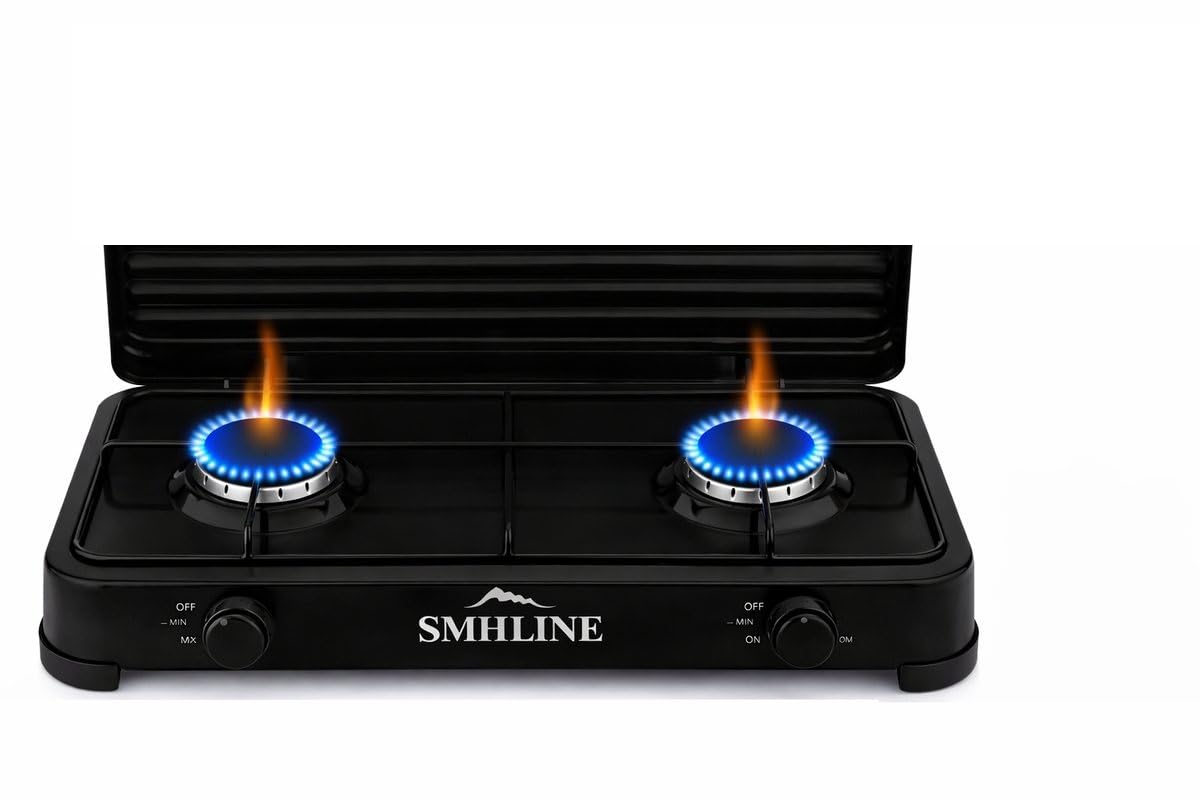 SMH LINE® Hornillo de gas para camping, 2 fuegos, sin manguera ni regulador, 50 mbar, gas propano de 4,4 kW, placa de cocina, camping, botella de gas, estufa, exterior, cocina de mesa, XL, negro