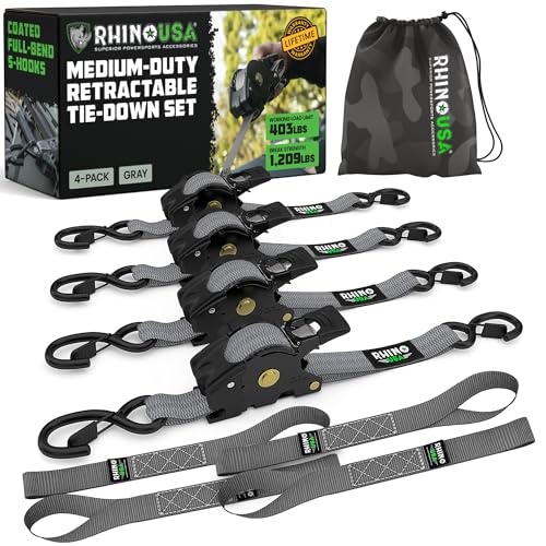 Image of Rhino USA Retractable Ratchet Straps (4-Pack) - 1 Inch x 10 Feet (1,209lb Break Strength) - Auto Self Retracting Tie Down Straps for Truck, Cargo Trailer, Motorcycle, ATV, UTV - Gray