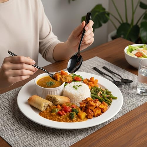 Image of 20 Pcs Black Cutlery Set for Dining Table the Perfect Mirror Polish Hevy Duty Tableware Including Dinner Spoon, Dinner Fork, Dinner Knife, Dessert Spoon & Dessert Fork
