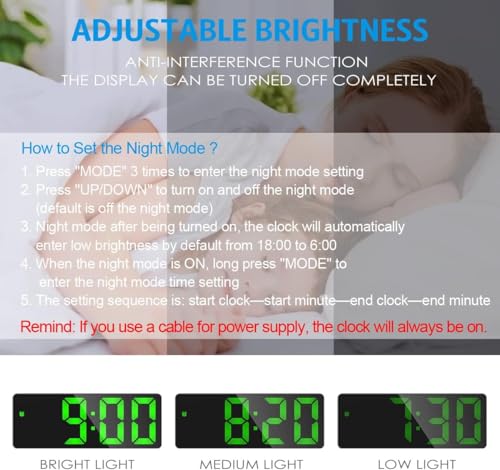 Image of AMIR Alarm Clock, LED Clock for Bedroom, Electronic Desktop Clock with Temperature Display, Adjustable Brightness, 12 /24H Display for Home (Plug Not Included)