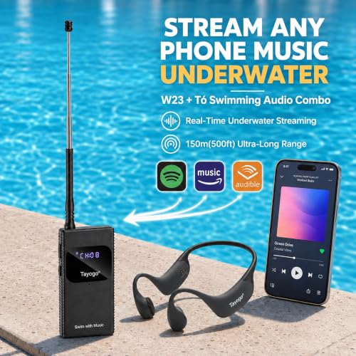 Image of Tayogo Swimming Headphones T6 + W23 Bone Conduction, Under Water Audio System, Spotify Swim Headset, No Need to Download, Waterproof FM Receiving & Bluetooth Open Ear Swim Headset for Training