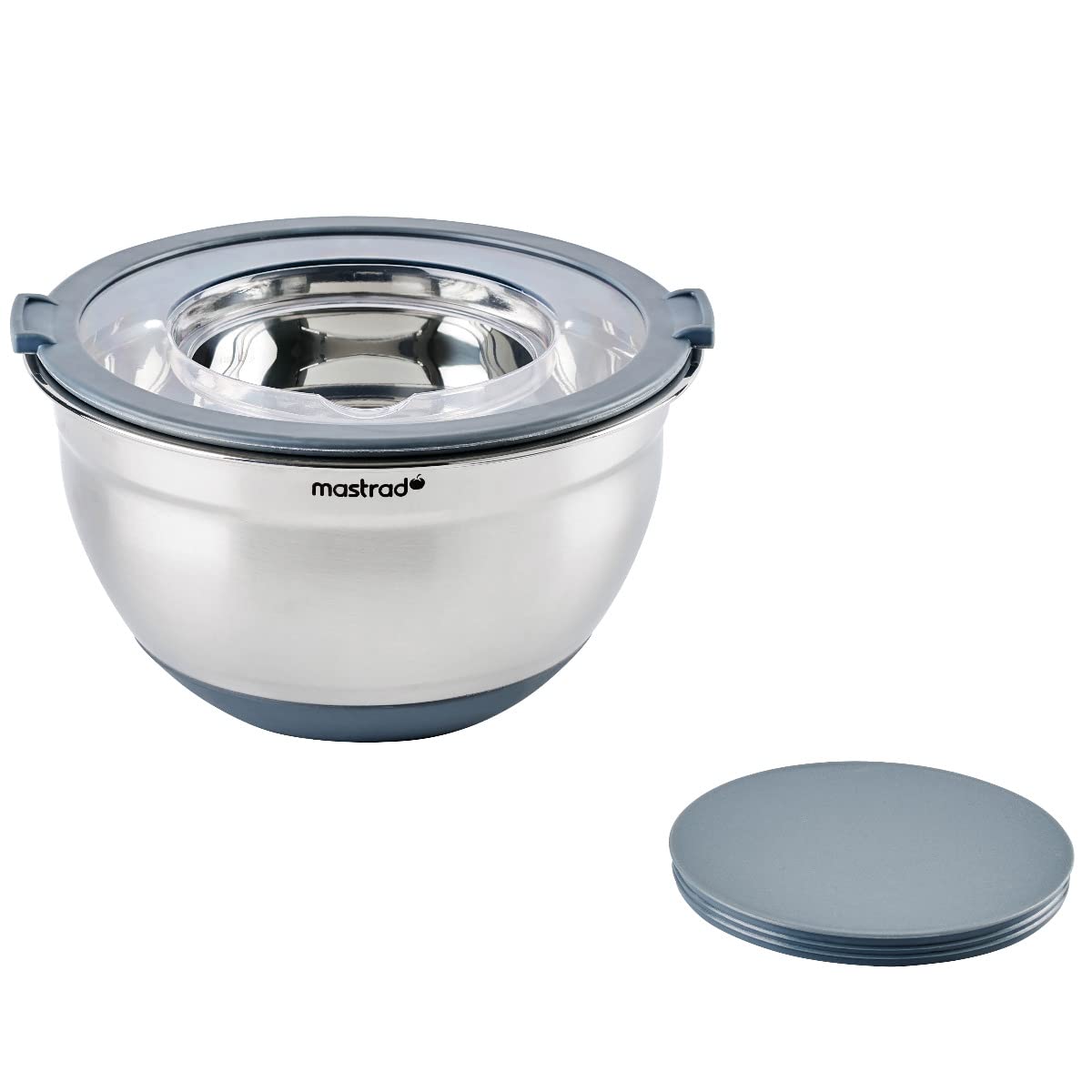 Mastrad F29464 - Cuenco de acero inoxidable (24 cm de diámetro, tapa transparente), base antideslizante de silicona, ideal para la preparación, el servicio y la conservación de los alimentos, 5L, gris
