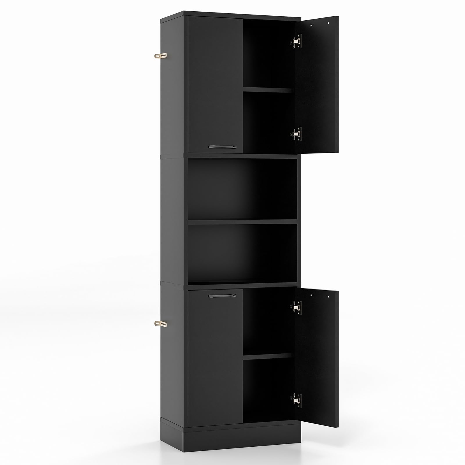 LIFEZEAL Mobile Bagno, Mobiletto Bagno Salvaspazio in Legno, 30x56x190cm, Armadietto Alto con 2 Ripiani Aperti e 4 Ante, Credenza Multiuso da Cucina e Soggiorno, Mobile Dispensa (nero)
