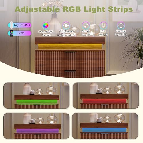 Image of Tall 6 Drawer Dresser with LED Lights and Charging Station, 53 inch Tall Wood Fluted Dresser for Bedroom, Walnut Modern Chest of Drawers for Closet Organizer Cabinet for Living Room, Hallway