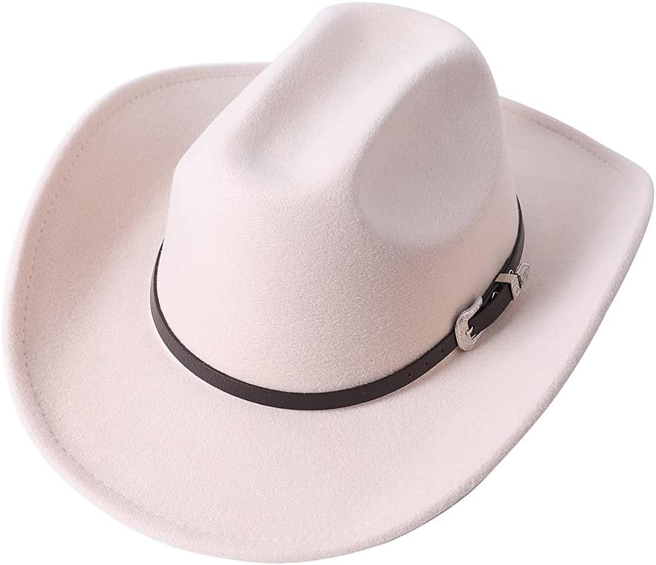 Men Women Wide Brim Western Cowboy Cowgirl Hats with Buckle Belt One Size Beige