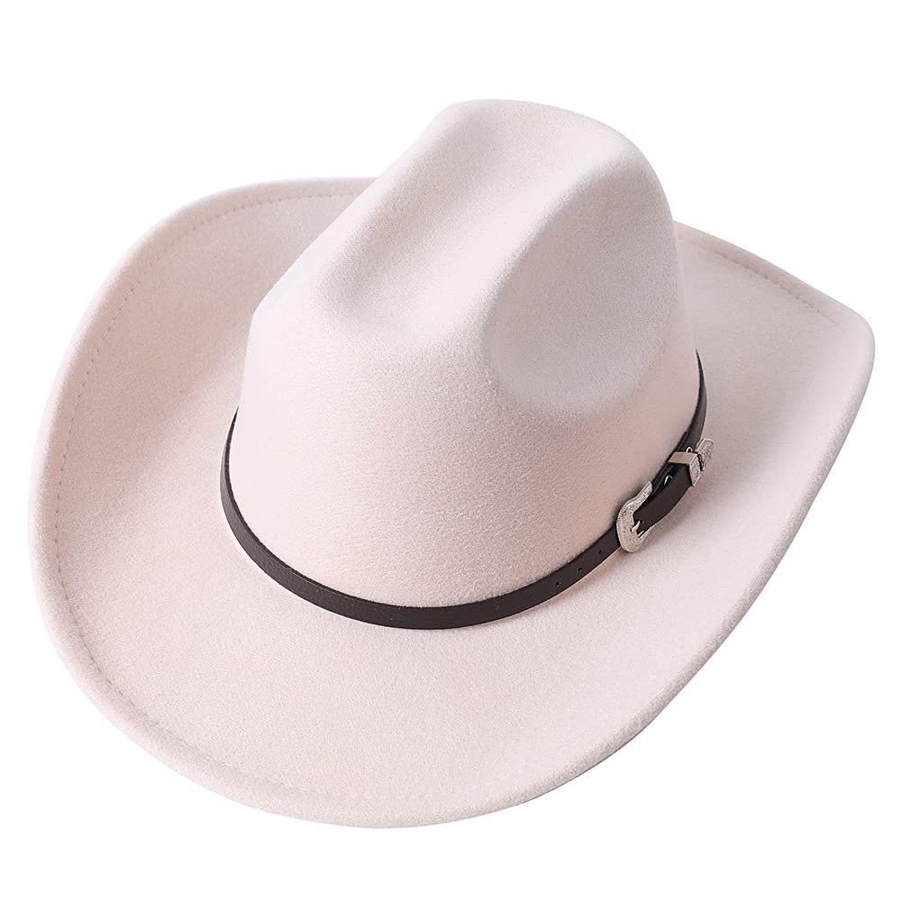 GRNUS Men Women Wide Brim Western Cowboy Cowgirl Hats with Buckle Belt (US, Alpha, One Size, Beige)