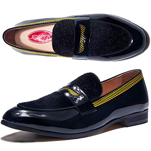 Men's Fashion Formal Leather Loafers and Wedding Dress Shoes for Men with Yellow Plaid, Penny Slip-On Smoking Luxury Men Shoes (Black)3
