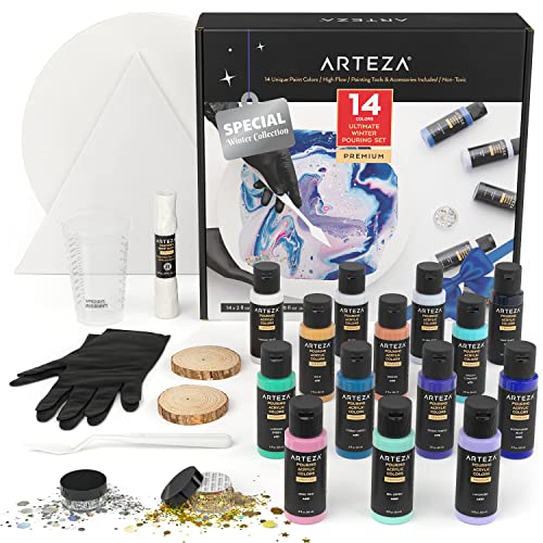 ARTEZA Acrylic Pouring Kit – 14 High-Flow Paints, 2 Stretched Can...