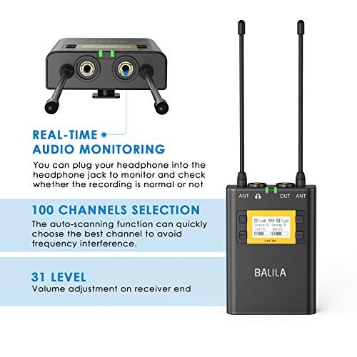BALILA UHF 100-channel Wireless Lavalier Microphone System for DSLR Mirrorless Camera Camcorder Smartphone-Professional Wireless Lapel Microphone System for Interview YouTube Video Recording ENG EFP.