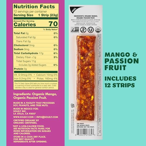 Image of SOLELY - Organic Mango Passion Fruit Jerky - 12 Individually Wrapped Strips - Fruit Leather Made from Dried Fruit - Healthy Snacks for Adults & Kids - Non GMO, Vegan Snacks - 0.8oz (23g)