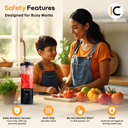 Image of InstaCuppa Portable Blender Bottle, Long Lasting 6000 mAh Battery with Fast Charging, LED Display for Battery Status & 40-Second Blend Timer, Sipper Lid & Detachable Bottom Cap, 230 Watts, 600 ML