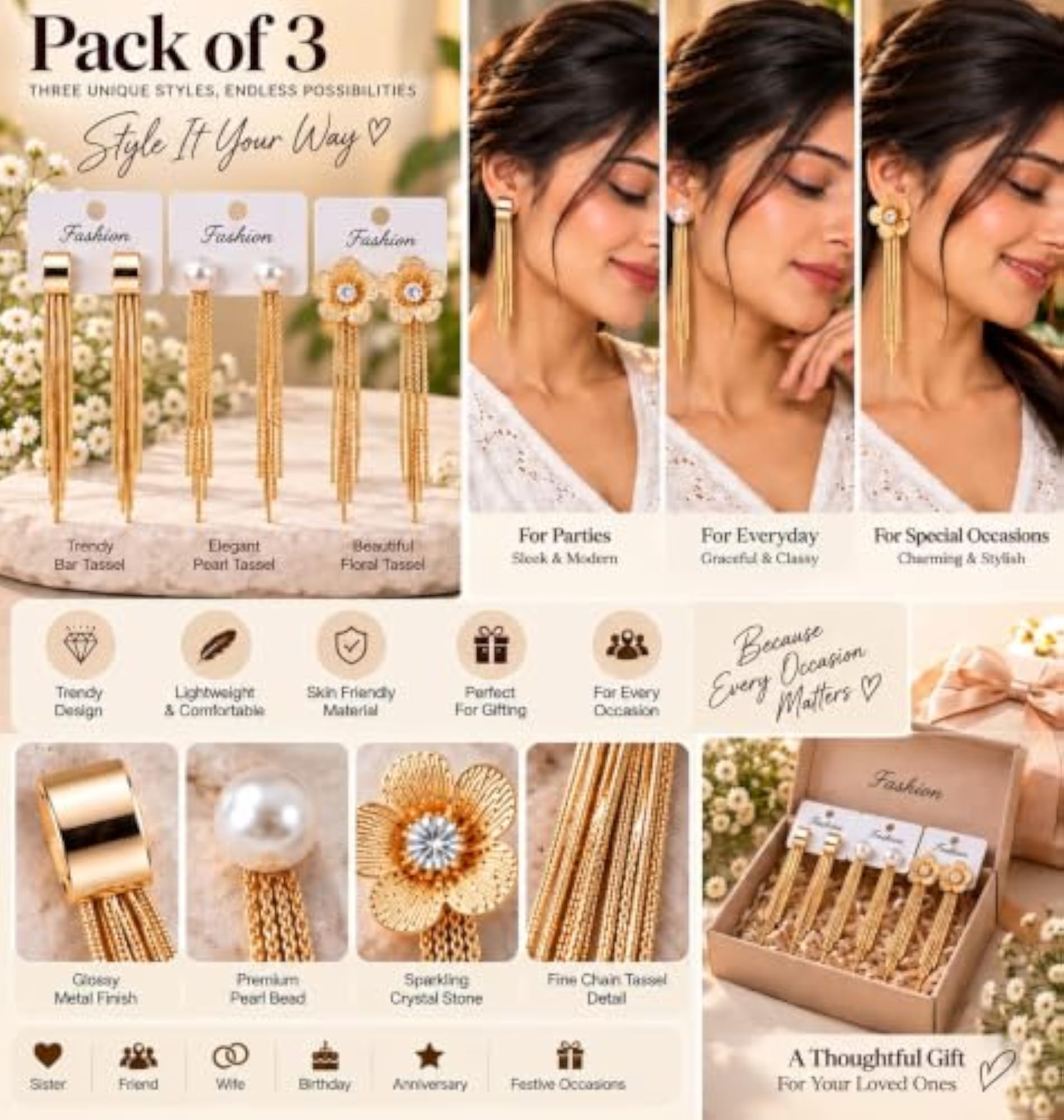 3 Pair Long Tassel Earrings for Women