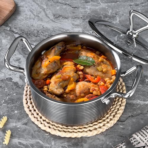 Inqibee 1.5 Quarts Tri-ply Stainless Steel Pot with Lid,Braiser Pan,Small Induction Cooking Pot,Heavy Duty,Dishwasher and Oven Safe