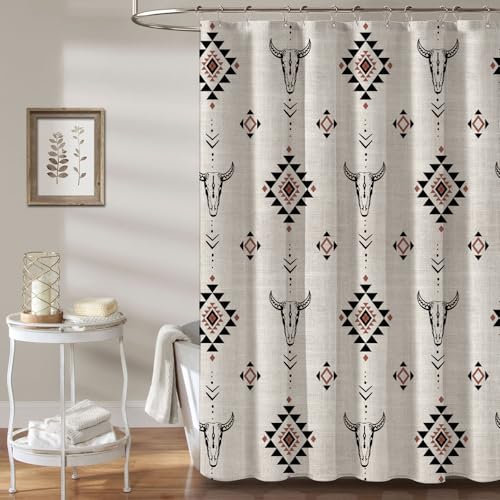 MUGINYU Western Aztec Linen Shower Curtain- Boho Farmhouse Fabric Shower