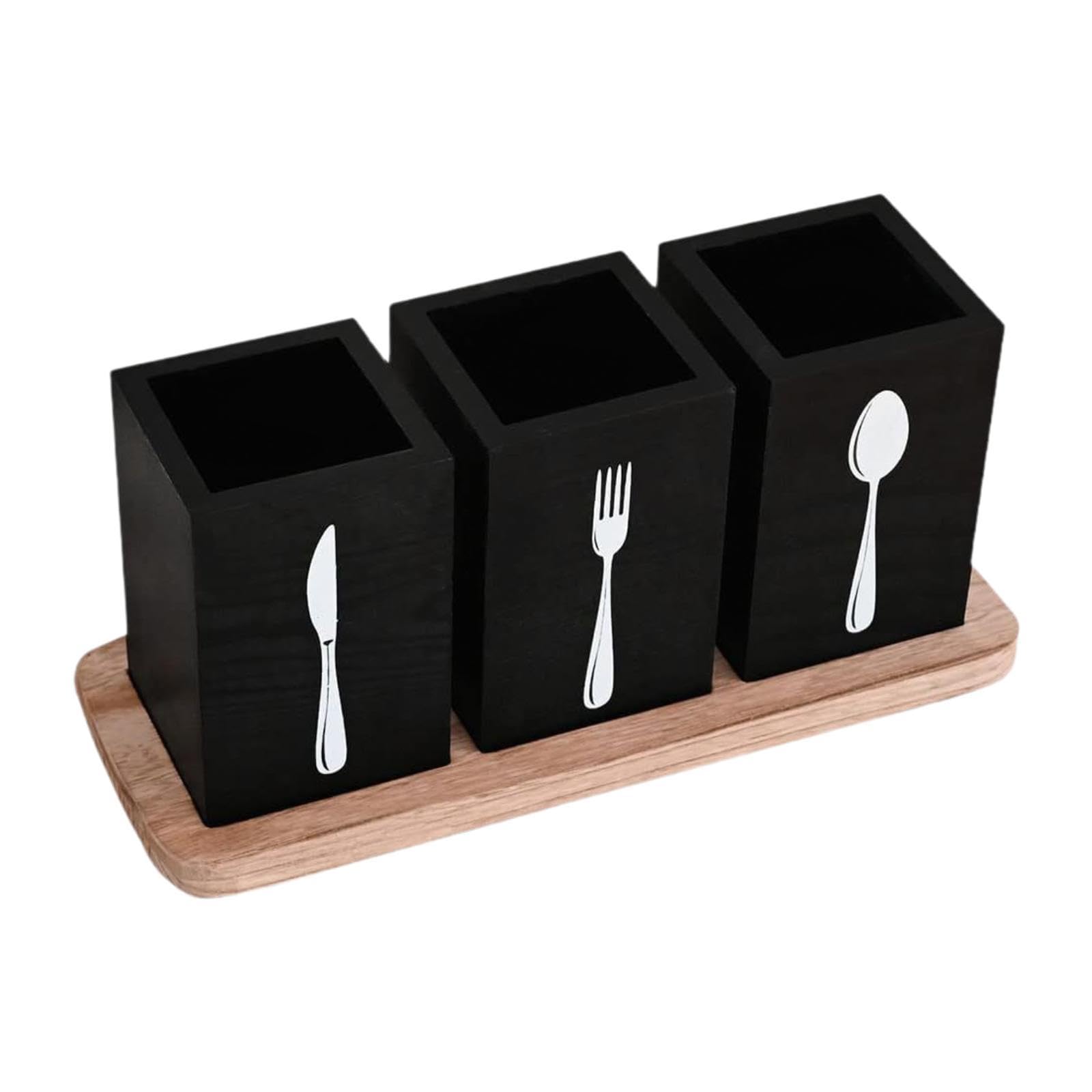 Porta Utensilios de Cocina, Porta Cubiertos, Organizador de Utensilios de Encimera de Madera con Bandeja, Organizador de Cubiertos para Cocinar Y para, Negro, tal como se describe