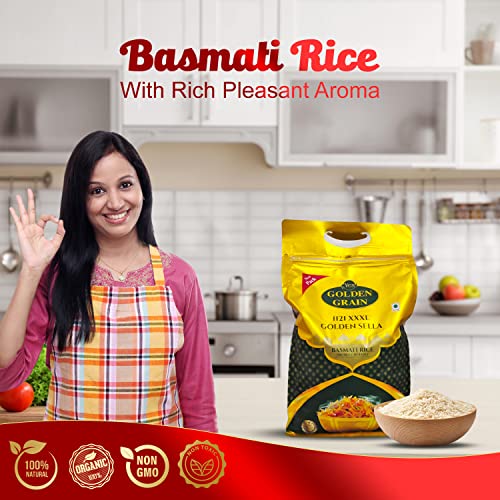 Image of GOLDEN GRAIN Golden Sella Basmati Rice 5Kg | Golden Sella Non Sticky Basmati Rice With Great Taste & Mesmerizing Aroma | Extra Long Grain | Natural Perfectly Aged | Chef's favourite Sella Basmati Rice