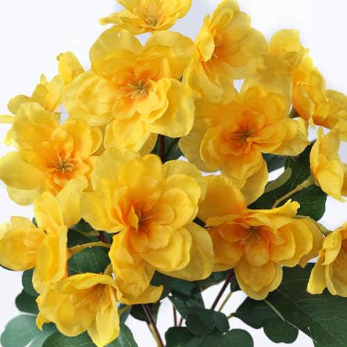 Image of 8 Bundles Artificial Flowers for Front Door, Fake Silk Azalea Bouquet Silk Flowers for Outside UV Resistant Realistic Faux Plants for Planter Farmhouse Patio Garden Walkways Home Decor (Yellow)