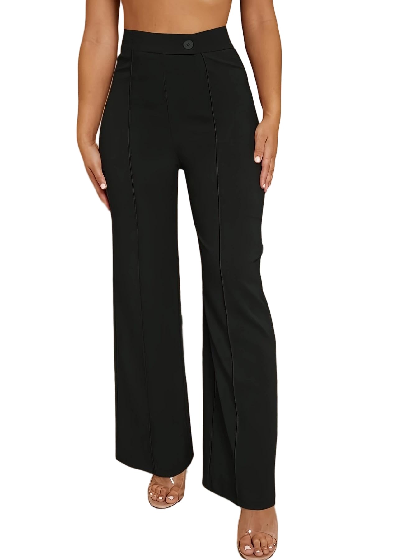 Womens High Waisted Vertical Seam Flare Pants - Stretchy Wide Leg Dress Trousers for Office Business Casual