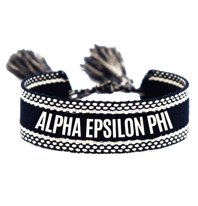 Sorority ShopAlpha Epsilon Phi Bracelet — Woven Bracelet, Black and White Design with AEP Sorority Name and Tassels, Greek Sorority Jewelry and Big Little Sorority Gifts, no gemstone