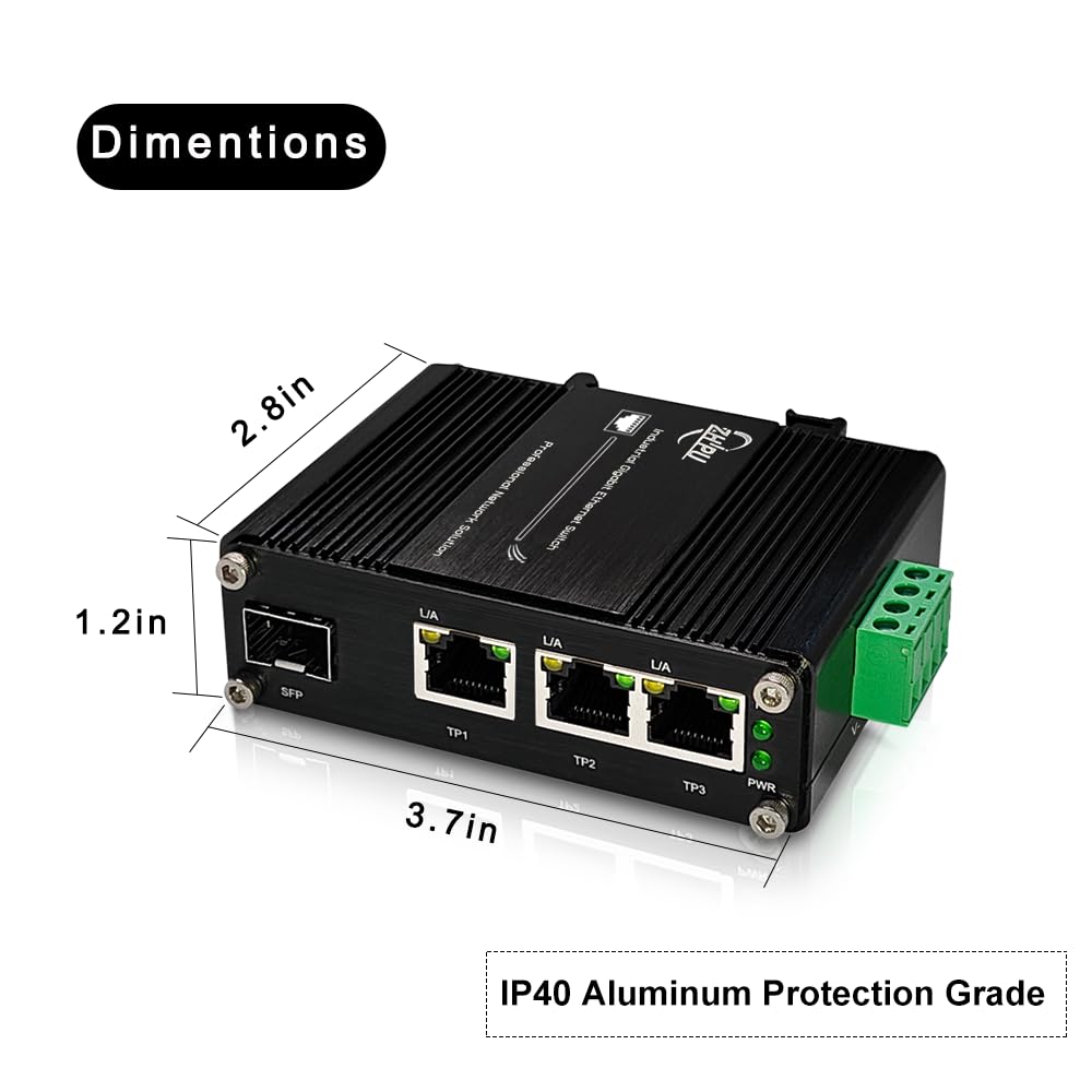 Mini commutateur Ethernet Gigabit industriel à 3 ports, avec RJ45 10/100/1000 Mbps, 1 port SFP, convertisseur de média à fibre optique sur rail DIN, IP40, -40 ℃ ~ 75 ℃