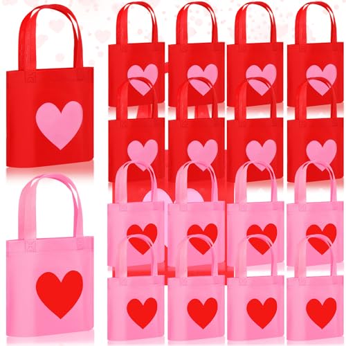 PerKoop 48 Pcs Reusable Valentines Gift Bags Heart Themed Goodie Candy Bags with Handles Non Woven Snack Wrapping for Business Shopping Retail Holiday Wedding Party Gift Supply Favor (Red,Pink)