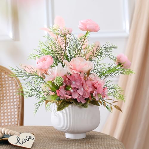 LUWENER Artificial Flowers In Vase,14.57in Faux Hydrangea Flower Plants,Silk Pink Dahlia Realistic Poppy Fake Flowers for Living Room, Bedroom and Bathroom Dining Table Decor