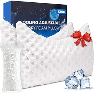 Cooling Side Sleeper Pillow for Neck and Shoulder, Luxury Shredded Memory Foam Curved Bed Pillows for Sleeping Set of 2- Adjustable King Size- Washable Cover Crescent White