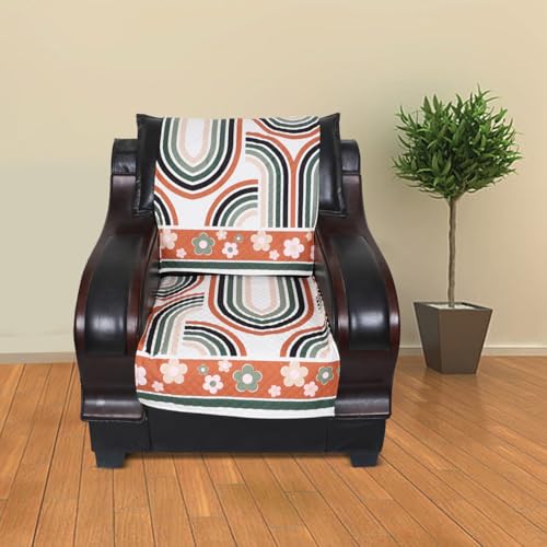 Image of 5 Seater Sofa Cover | Universal Non-Slip Fully Covered Protector for 3+1+1 Sofa Set | Durable Slipcover for Living Room Retro Waves (Cream and Orange Curves)