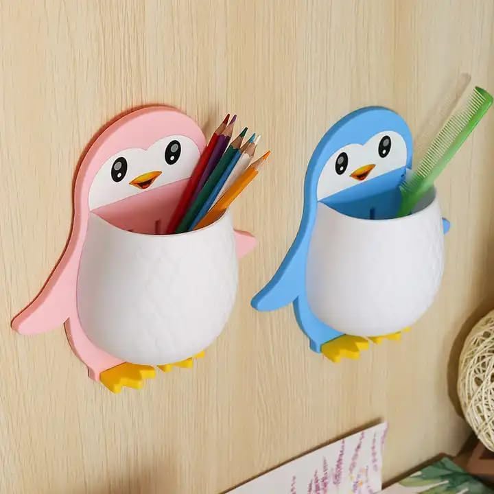 Image of UCRAVO PACK OF 1 Penguin Wall Mounted Toothbrush Holder-MULTI Self-Adhesive Multi-Purpose Storage Rack for Makeup Tools, Pens, Kitchen Utensils, and Bathroom Essentials No Drilling Required, Plastic