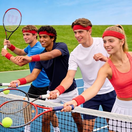 Image of Bememo 36 Pcs Neon Sweatbands Set Soccer Party Favors Cotton Headbands Wristband Sweat Bands Soccer Mom Essentials for Football Fans Sporting Events 80 90s Glow Party