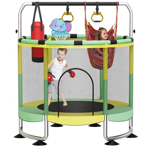 Image of Yozoia 60 inch Toddler Trampoline, Indoor Trampoline for Kids with Safety Enclosure, 440LBS Support, Adjustable Gymnastics Bar & Toys for Boys Girls
