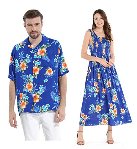 Couple Matching Hawaiian Luau Aloha Shirt Maxi Tank Dress in Hibiscus