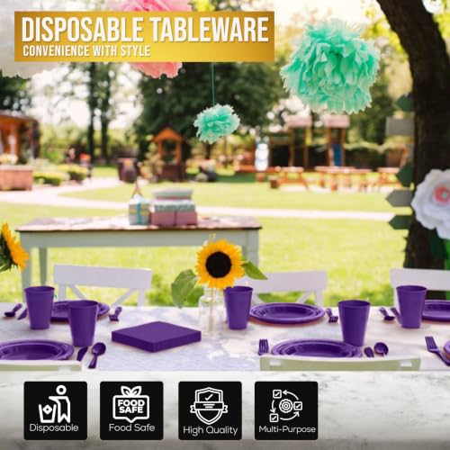 Image of Exquisite 350 Pcs Purple Plates and Napkins Party Supplies Plate Sets | Sturdy Plastic Dinnerware Set With 9 inch & 7 inch Plates, 12 Oz Cups, Lunch Napkins and Cutlery Serves 50 for Birthdays & Everyday