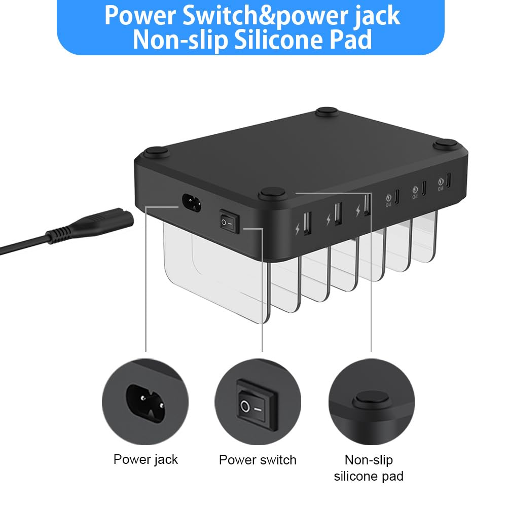 Stazione di ricarica per più dispositivi, stazione di ricarica rapida USB-C a 6 porte per iPad, iPhone, Android, telefoni cellulari, tablet, organizer per più dispositivi (6 cavi corti inclusi)