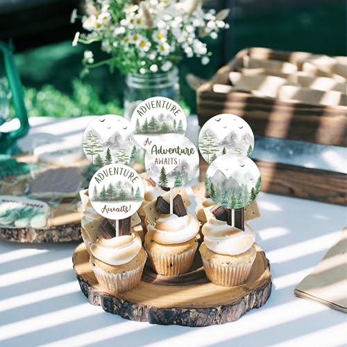 Cheereveal Adventure Awaits Baby Shower Decorations, 12Pcs Cupcake Toppers Mountain Cake Cupcake Picks Let the Adventure Begin/Bon voyage/Away Travel Themed Wedding/Retirement Party Supplies - Thumbnail 4