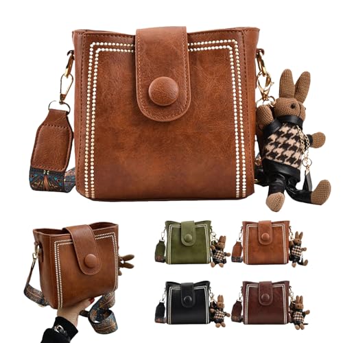 Vintage Fashion Bag With Adjustable Wider Shoulder Strap, Vintage Retro Small Water Bucket Bag, with Cute Doll Pendants