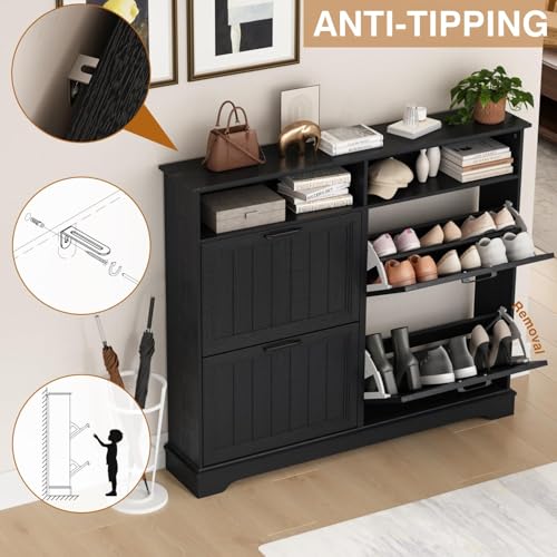 Image of Hidden Shoe Storage Cabinet with 4 Flip Drawers & Open Storage